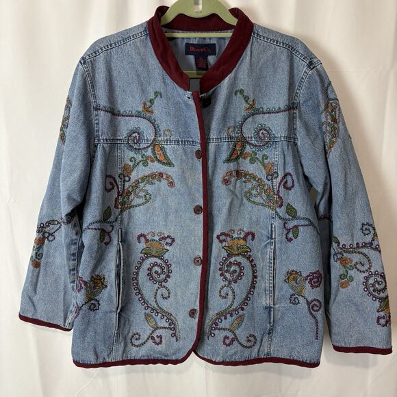 Denim & Co Embroidered Jacket Womens Plus Size 1X Blue Jean Paisley Fall Lined - Picture 1 of 6